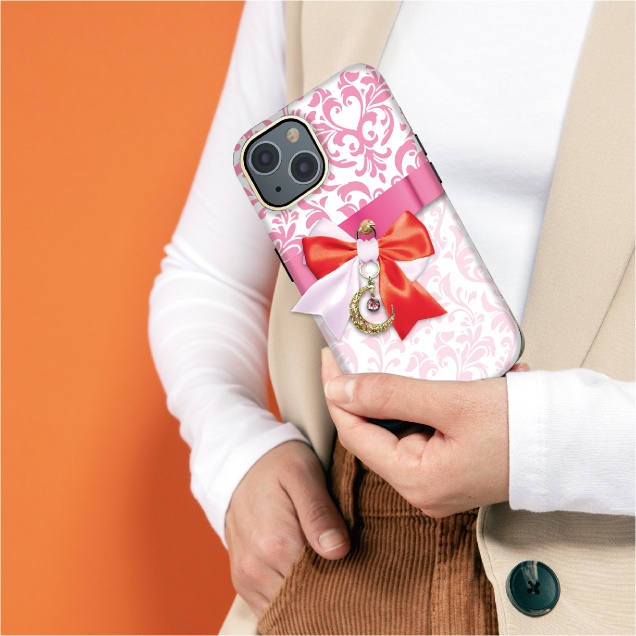 リボンスマホケース リボン スマホケース カバー ハードケース iPhone Android スマホ オシャレ ダマスク レッド ピンク かわいい 姫系 月 スワロフスキー チャーム プレゼント ギフト 柄 アイフォン アンドロイド グリーン ブルー パープル サテン ケース