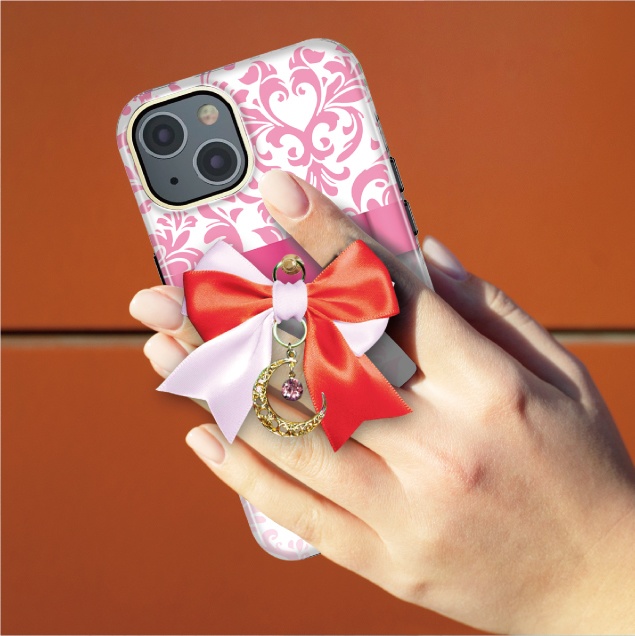 リボンスマホケース リボン スマホケース カバー ハードケース iPhone Android スマホ オシャレ ダマスク レッド ピンク かわいい 姫系 月 スワロフスキー チャーム プレゼント ギフト 柄 アイフォン アンドロイド グリーン ブルー パープル サテン ケース