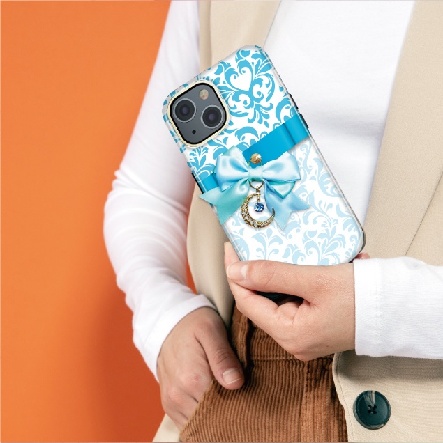 リボンスマホケース リボン スマホケース カバー ハードケース iPhone Android スマホ オシャレ ダマスク レッド ピンク かわいい 姫系 月 スワロフスキー チャーム プレゼント ギフト 柄 アイフォン アンドロイド グリーン ブルー パープル サテン ケース