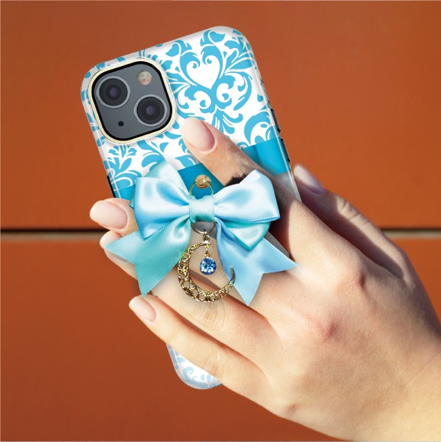リボンスマホケース リボン スマホケース カバー ハードケース iPhone Android スマホ オシャレ ダマスク レッド ピンク かわいい 姫系 月 スワロフスキー チャーム プレゼント ギフト 柄 アイフォン アンドロイド グリーン ブルー パープル サテン ケース