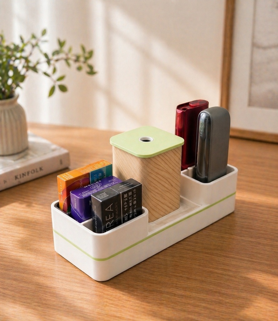電子タバコオーガナイザー【灰皿と本体が収納可能なラックのセット】IQOS　白xライムグリーンxウッド