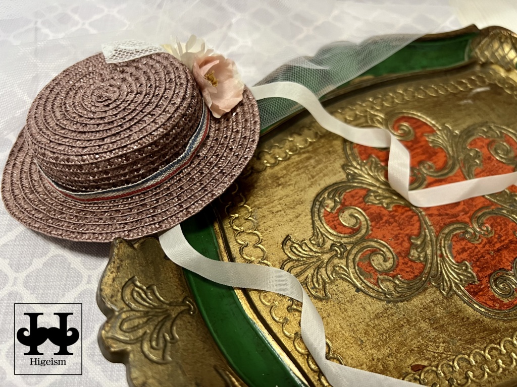 麦わら帽子 アッシュローズ×トリコロールリボン/Straw hat Ash rose×Toricolor Ribbon For DOLL
