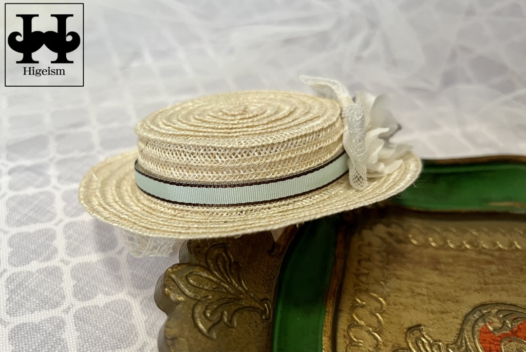 麦わら帽子 オフホワイト×ミントリボン/Straw hat Off White×Mint Ribbon for DOLL