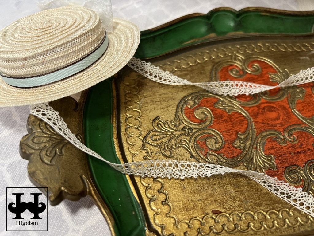 麦わら帽子 オフホワイト×ミントリボン/Straw hat Off White×Mint Ribbon for DOLL