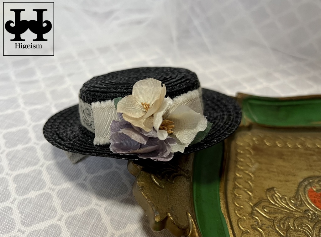 麦わら帽子 ブラック×グレーレース/Straw hat Black×Grey lace for DOLL
