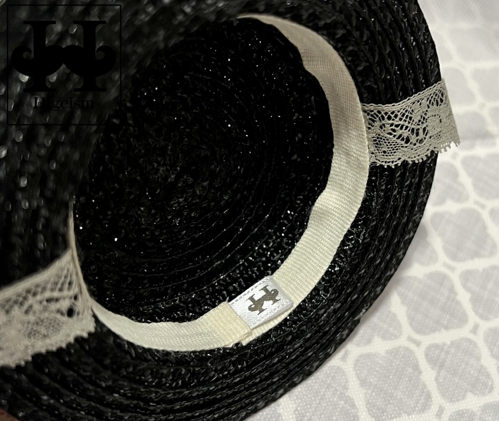麦わら帽子 ブラック×グレーレース/Straw hat Black×Grey lace for DOLL