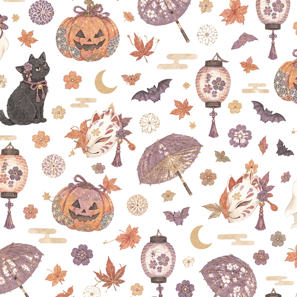 ハロウィン  和風モダン　デジタルペーパー　シームレスパターン　　8枚セット　｜背景素材・デジタル手帳・壁紙・ラッピング・コラージュ　大人かわいい・くすみカラー