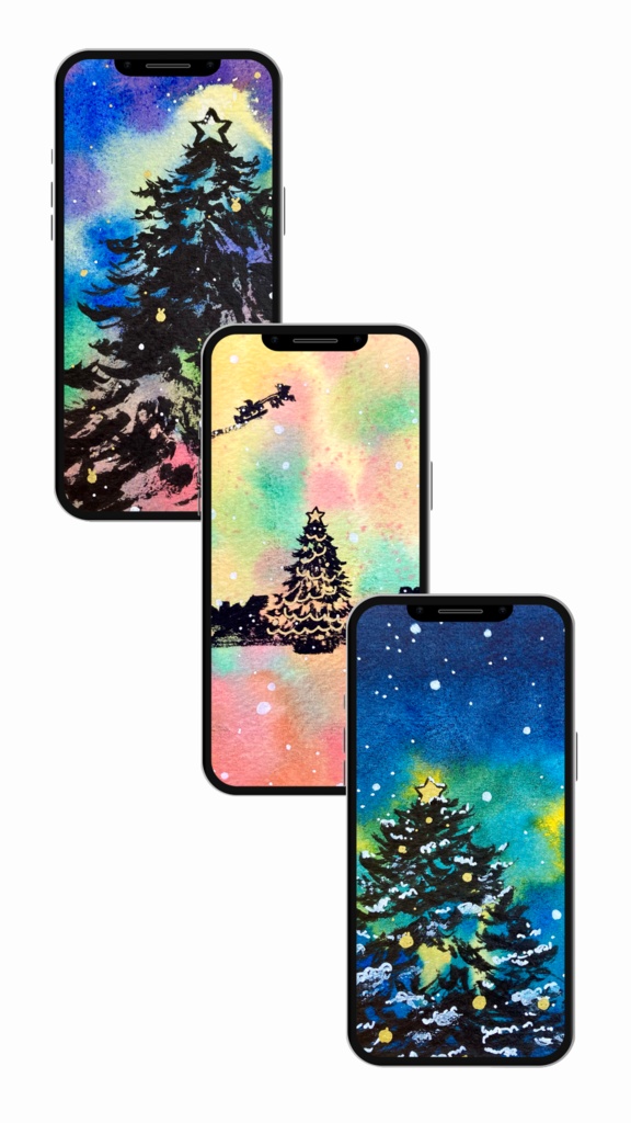 水彩クリスマス絵｜スマホ壁紙3点セット