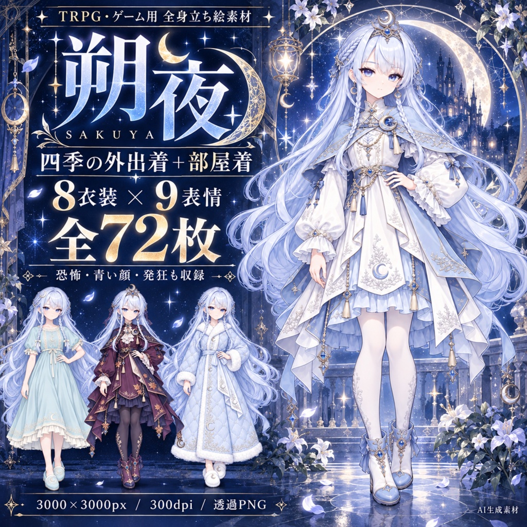 立ち絵素材_白髪少女_ファンタジー_四季衣装8種_表情9種