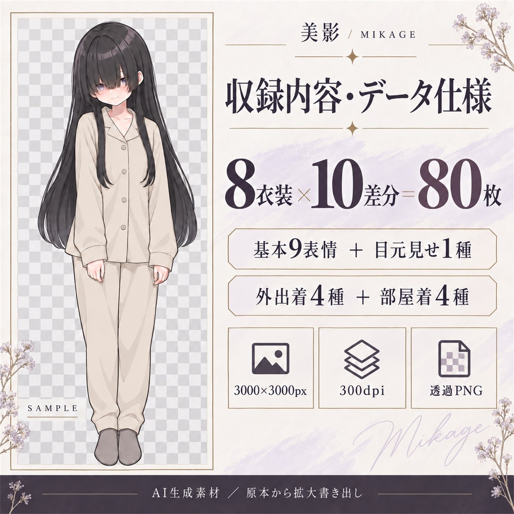 立ち絵素材_黒髪ロングの目隠れ少女_四季衣装8種_表情9種+目元見せ差分