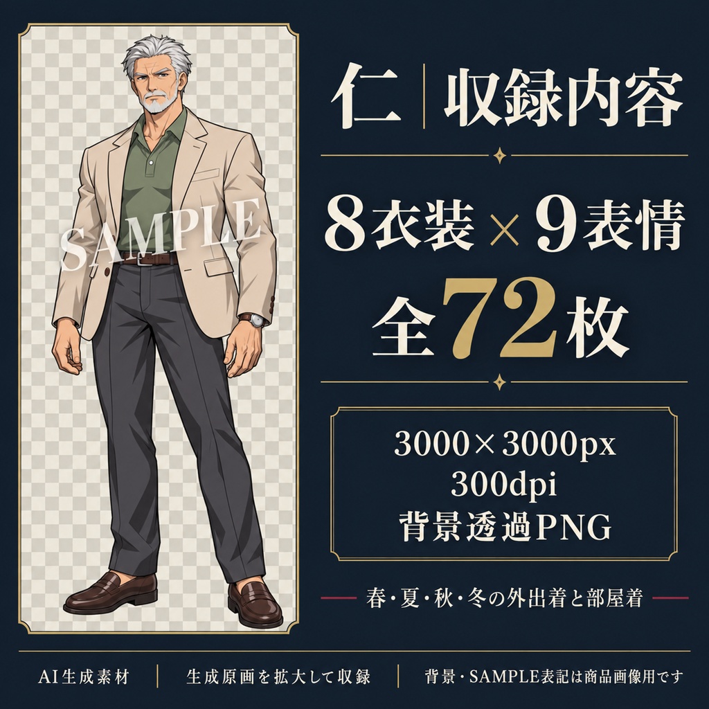 立ち絵素材_老紳士_四季衣装8種_表情9種
