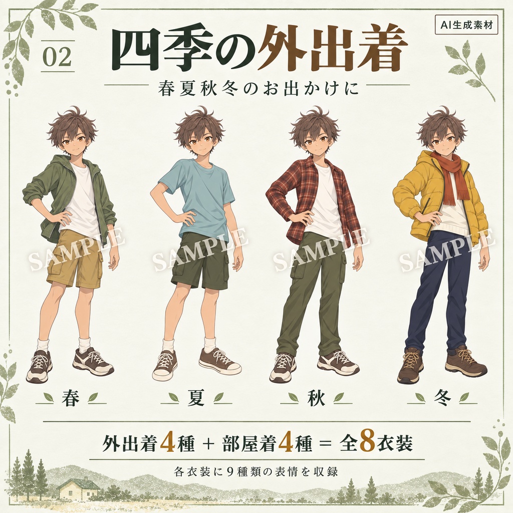 立ち絵素材_茶髪の元気な少年_四季衣装8種_表情9種