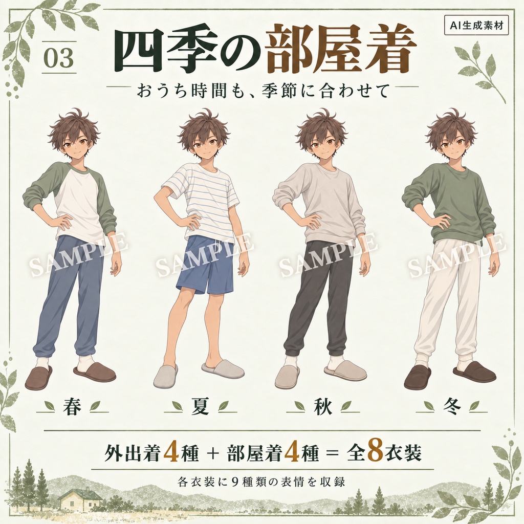 立ち絵素材_茶髪の元気な少年_四季衣装8種_表情9種