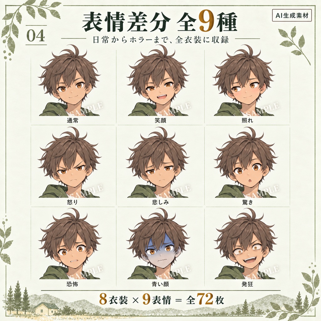 立ち絵素材_茶髪の元気な少年_四季衣装8種_表情9種