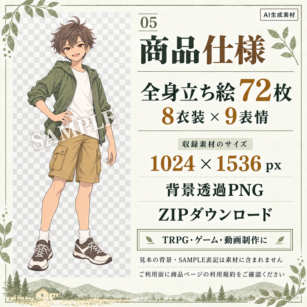 立ち絵素材_茶髪の元気な少年_四季衣装8種_表情9種