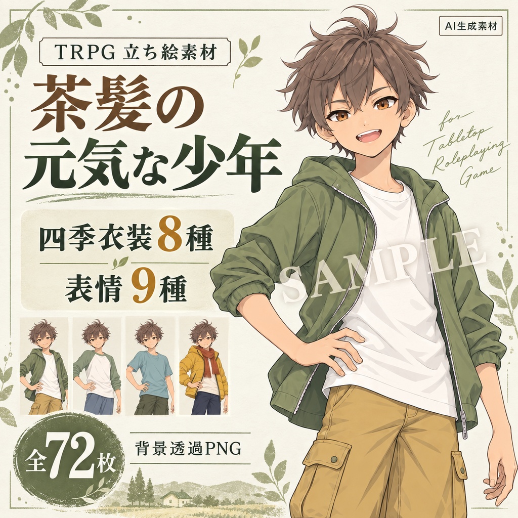 立ち絵素材_茶髪の元気な少年_四季衣装8種_表情9種