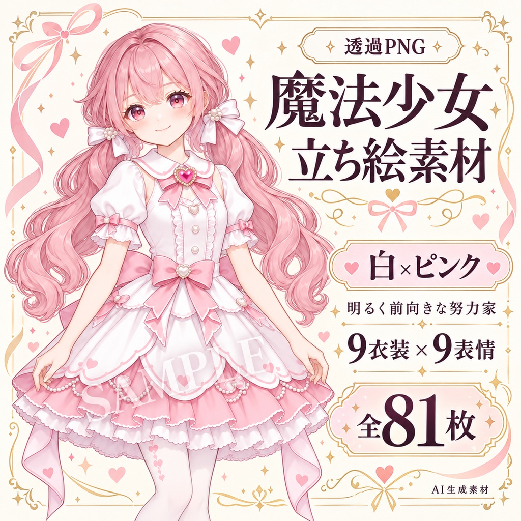 立ち絵素材_魔法少女2人セット_白とピンク・黒と黄色_各9衣装_表情9種