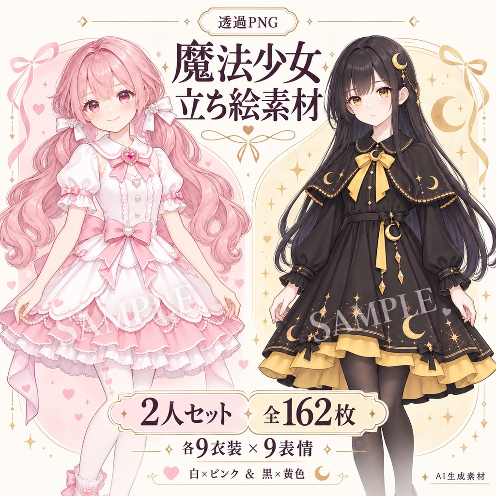 立ち絵素材_魔法少女2人セット_白とピンク・黒と黄色_各9衣装_表情9種