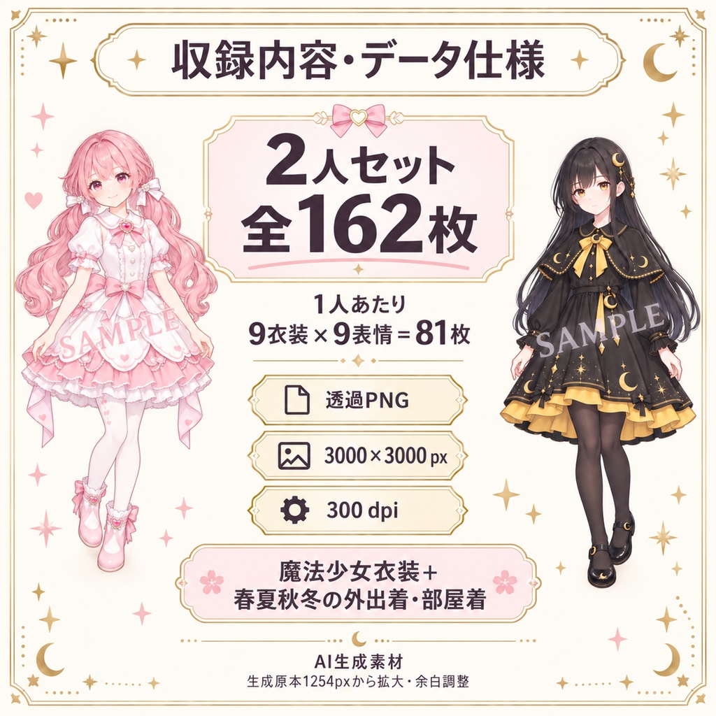 立ち絵素材_魔法少女2人セット_白とピンク・黒と黄色_各9衣装_表情9種