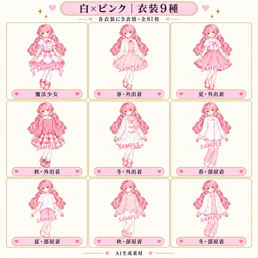 立ち絵素材_魔法少女2人セット_白とピンク・黒と黄色_各9衣装_表情9種