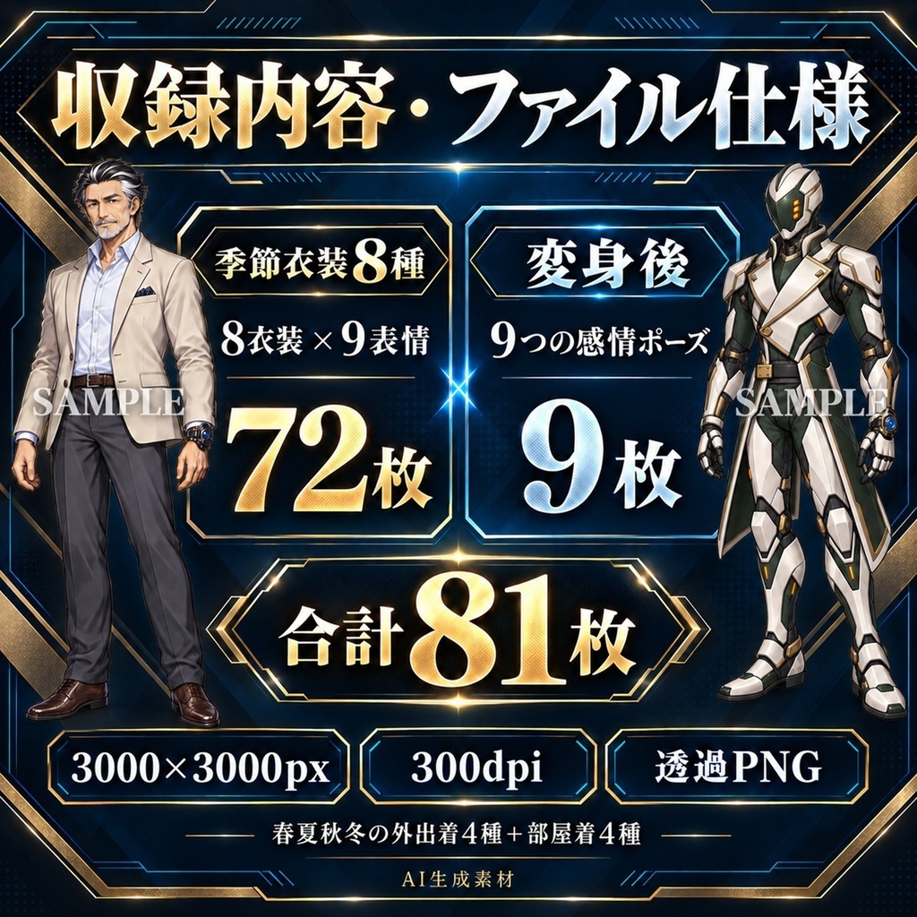 立ち絵素材_老紳士_変身ヒーロー_四季衣装8種_表情9種_変身後9ポーズ