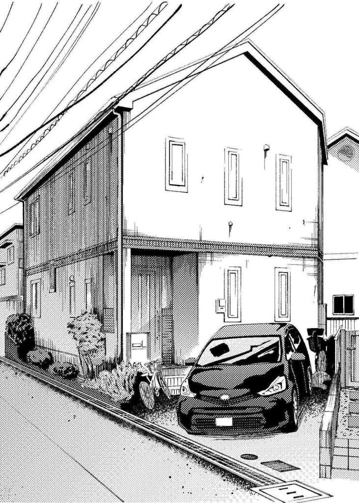 【外を歩くシーンに便利！】車が止まっている家【トーン処理済み】
