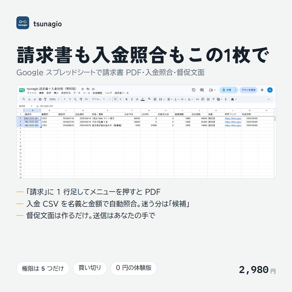 請求書＋入金台帳｜Googleスプレッドシートで請求書PDF作成・入金照合・督促文面まで【無料体験版】