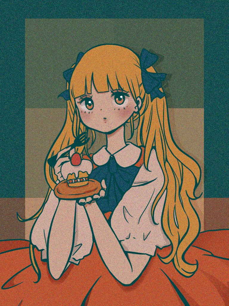 レトロっぽい絵　女の子とケーキ