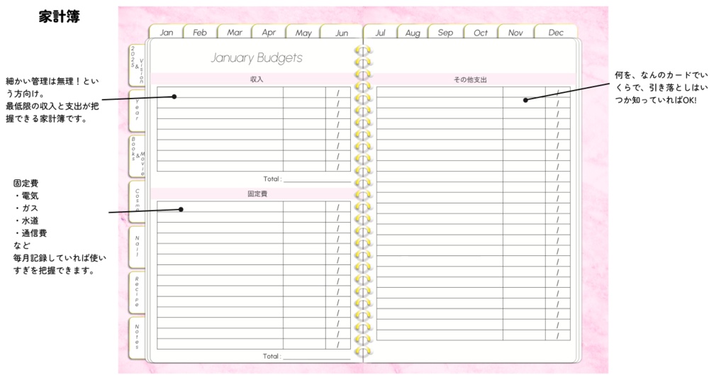 【無料】多機能2025年デジタルプランナーマーブルストーン柄おしゃれ!料理やメイク好きにおすすめ。ホワイトとピンクあり【お試し3ヶ月】