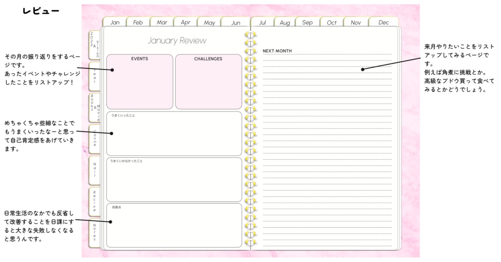 【無料】多機能2025年デジタルプランナーマーブルストーン柄おしゃれ!料理やメイク好きにおすすめ。ホワイトとピンクあり【お試し3ヶ月】