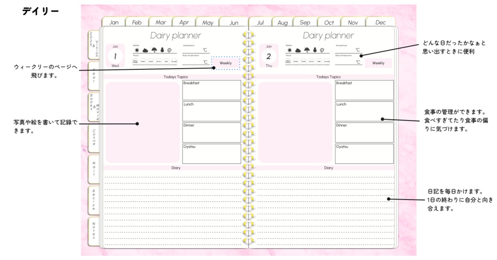 【1月始まり】多機能2025年デジタルプランナーマーブルストーン柄おしゃれ!料理やメイク好きにおすすめ。ホワイトとピンクあり【月曜始まり】