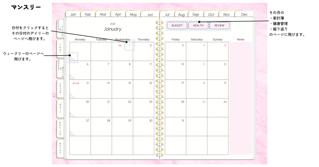 【1月始まり】多機能2025年デジタルプランナーマーブルストーン柄おしゃれ!料理やメイク好きにおすすめ。ホワイトとピンクあり【日曜始まり】