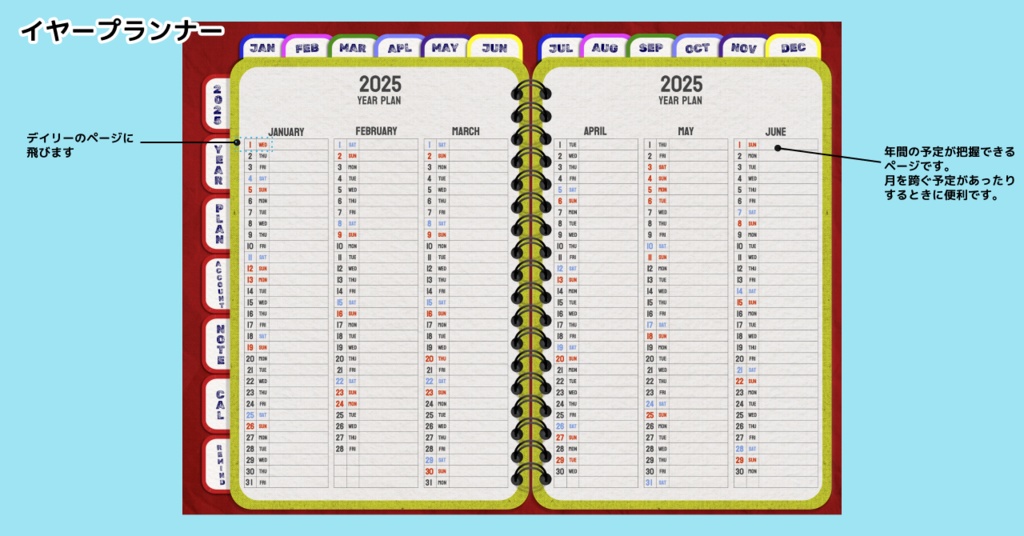 【1月始まり】2025年デジタルプランナーかわいいアメ雑風デザインGoodnote専用icloudカレンダー,リマインダー追加リンク付き【月曜始まり】