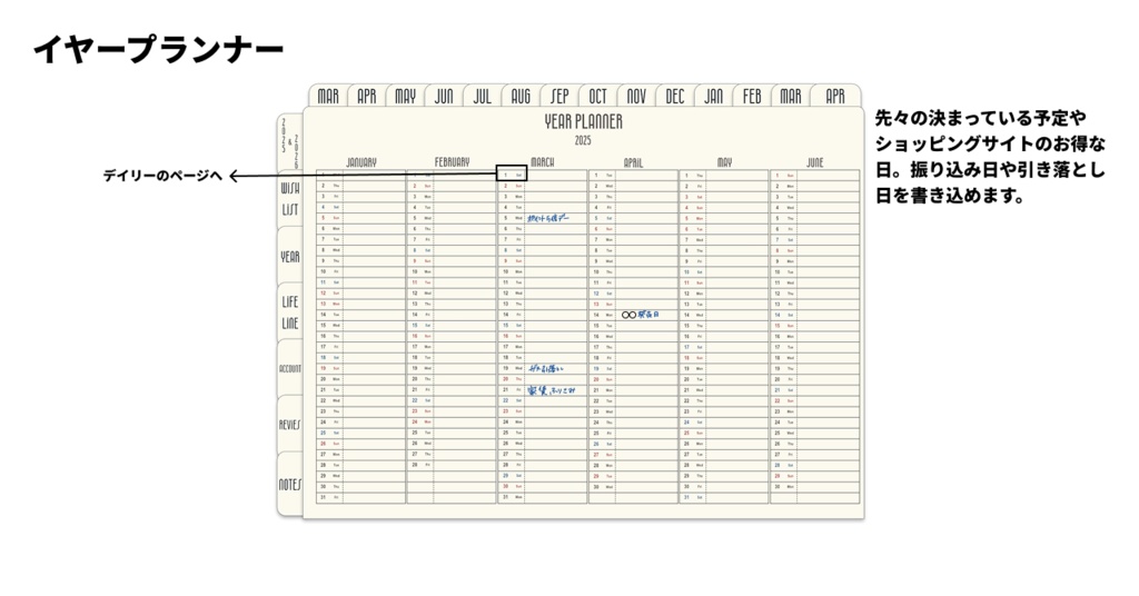 【3月始まり】2025年デジタルプランナーシンプルでおしゃれ。新生活にピッタリやりたいことを叶えよう!wishリスト付き【月曜始まり】