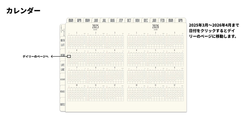 【3月始まり】2025年デジタルプランナーシンプルでおしゃれ。新生活にピッタリやりたいことを叶えよう!wishリスト付き【日曜始まり】