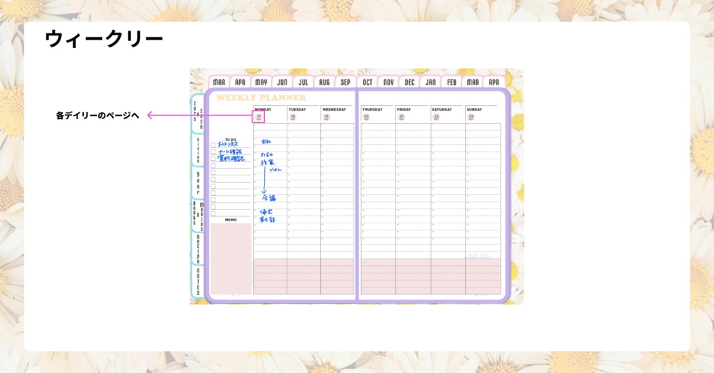 【無料】2025年デジタルプランナーかわいい!Happy!デイジー柄。レシピ、家計簿など多機能【おためし】