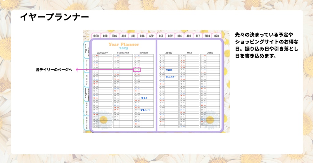【無料】2025年デジタルプランナーかわいい!Happy!デイジー柄。レシピ、家計簿など多機能【おためし】