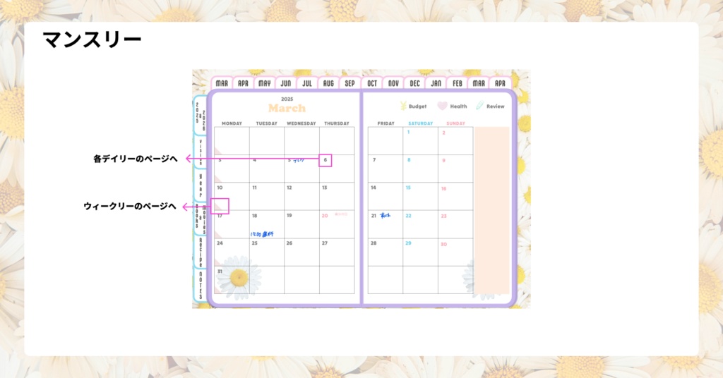 【3月始まり】2025年デジタルプランナーかわいい!Happy!デイジー柄。レシピ、家計簿など多機能【月曜始まり】