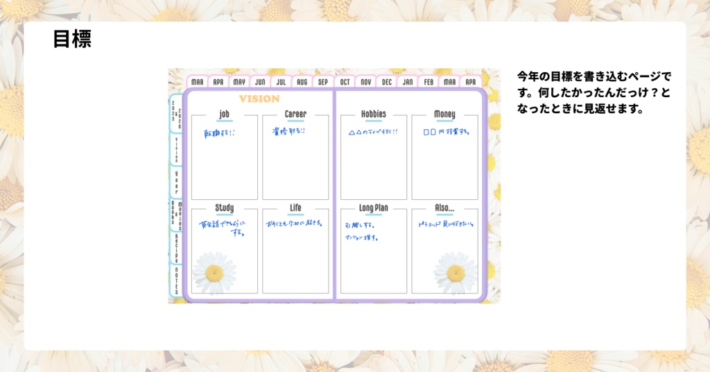 【3月始まり】2025年デジタルプランナーかわいい!Happy!デイジー柄。レシピ、家計簿など多機能【月曜始まり】