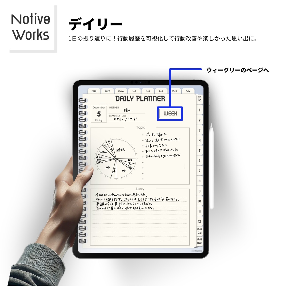 【2025年12月始まり】2026年デジタルプランナー縦型|おしゃれでシンプル|家計簿・健康管理つき| ipadmini【日曜始まり】