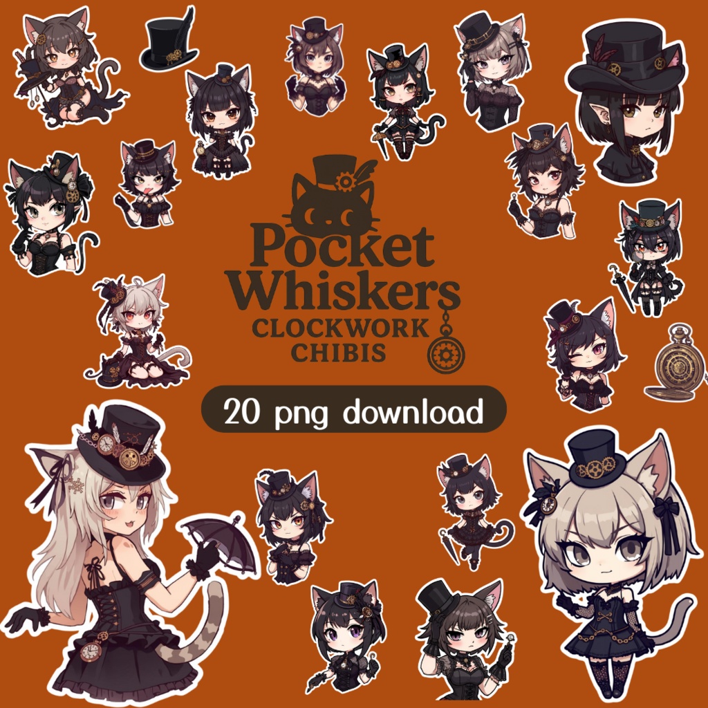 Pocket Whiskers Clockwork Chibis｜ゴシック＆クロックワーク風チビ猫クリップアート（デジタル素材)