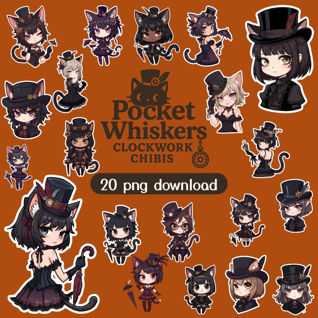 Pocket Whiskers Clockwork Chibis 2｜ゴシック＆クロックワーク風チビ猫クリップアート（デジタル素材)