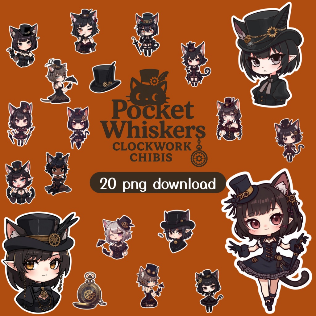 Pocket Whiskers Clockwork Chibis 3｜ゴシック＆クロックワーク風チビ猫クリップアート（デジタル素材)