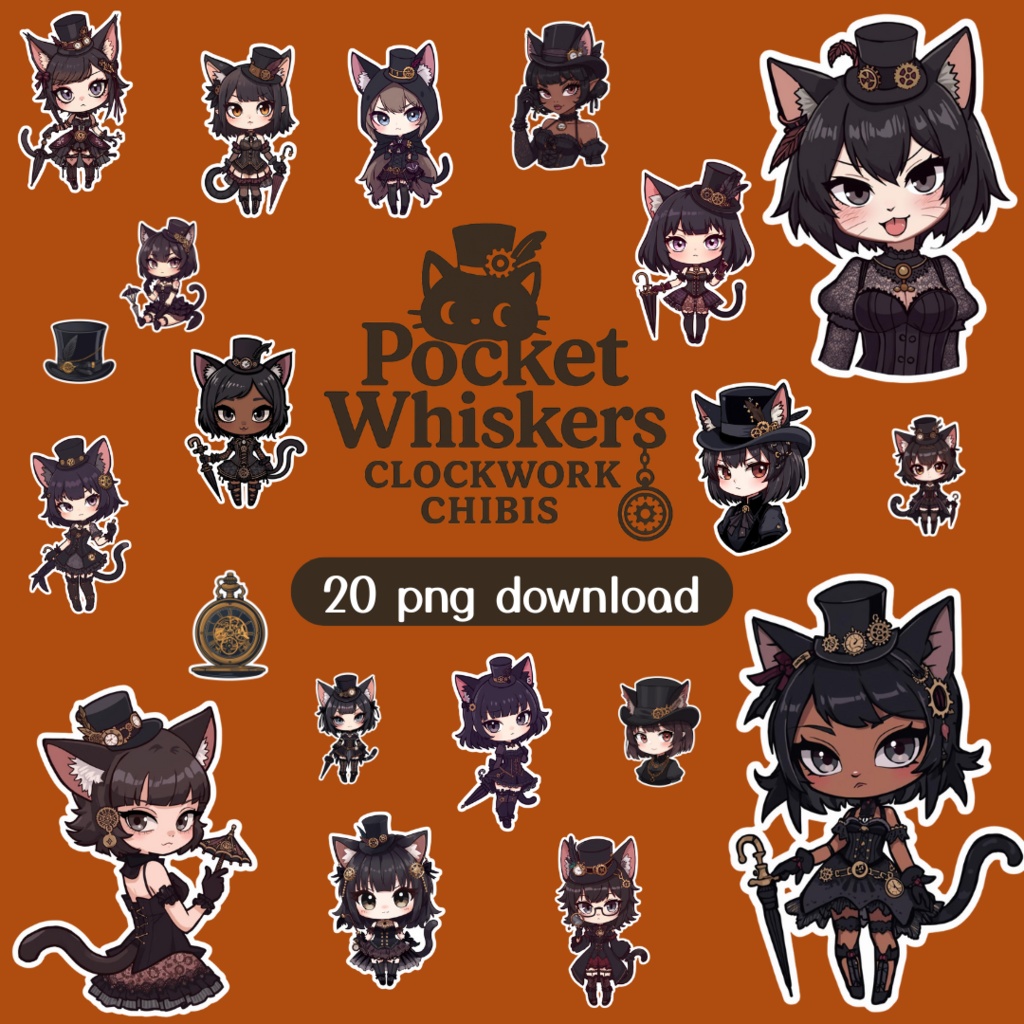 Pocket Whiskers Clockwork Chibis 4｜ゴシック＆クロックワーク風チビ猫クリップアート（デジタル素材)