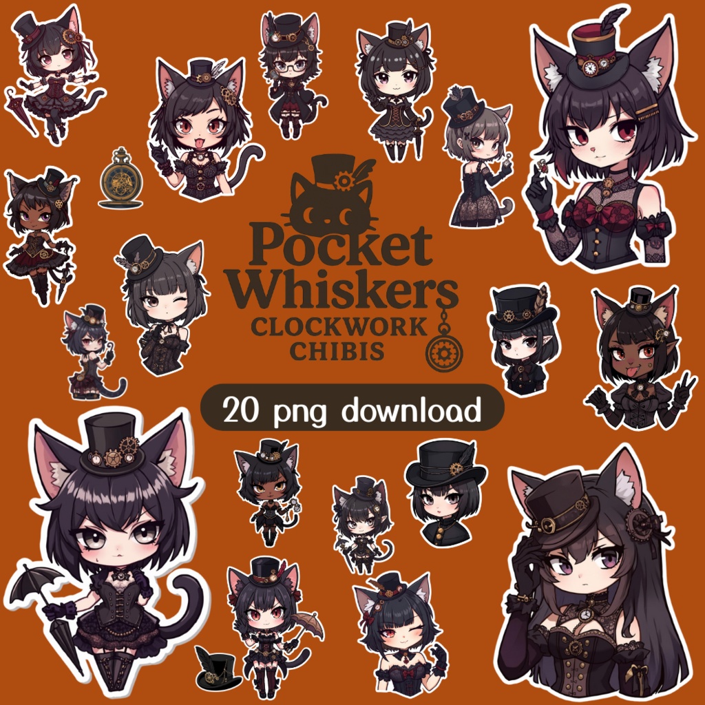 Pocket Whiskers Clockwork Chibis 5｜ゴシック＆クロックワーク風チビ猫クリップアート（デジタル素材)