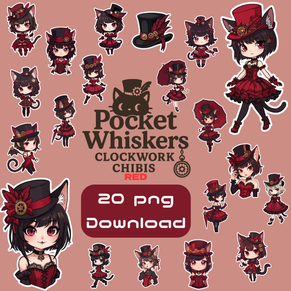 Pocket Whiskers Clockwork Chibis R2｜ゴシック＆クロックワーク風チビ猫クリップアート（デジタル素材)