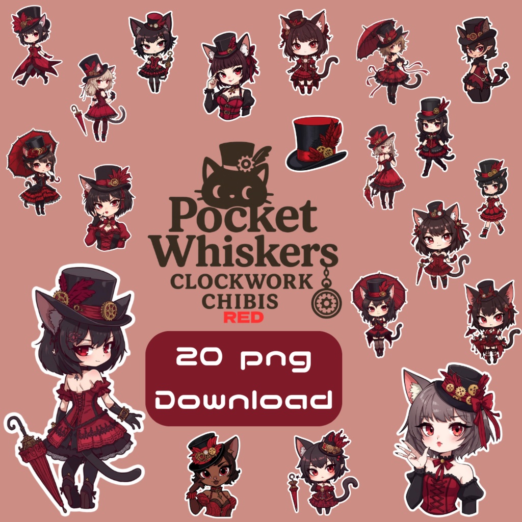 Pocket Whiskers Clockwork Chibis R3｜ゴシック＆クロックワーク風チビ猫クリップアート（デジタル素材)