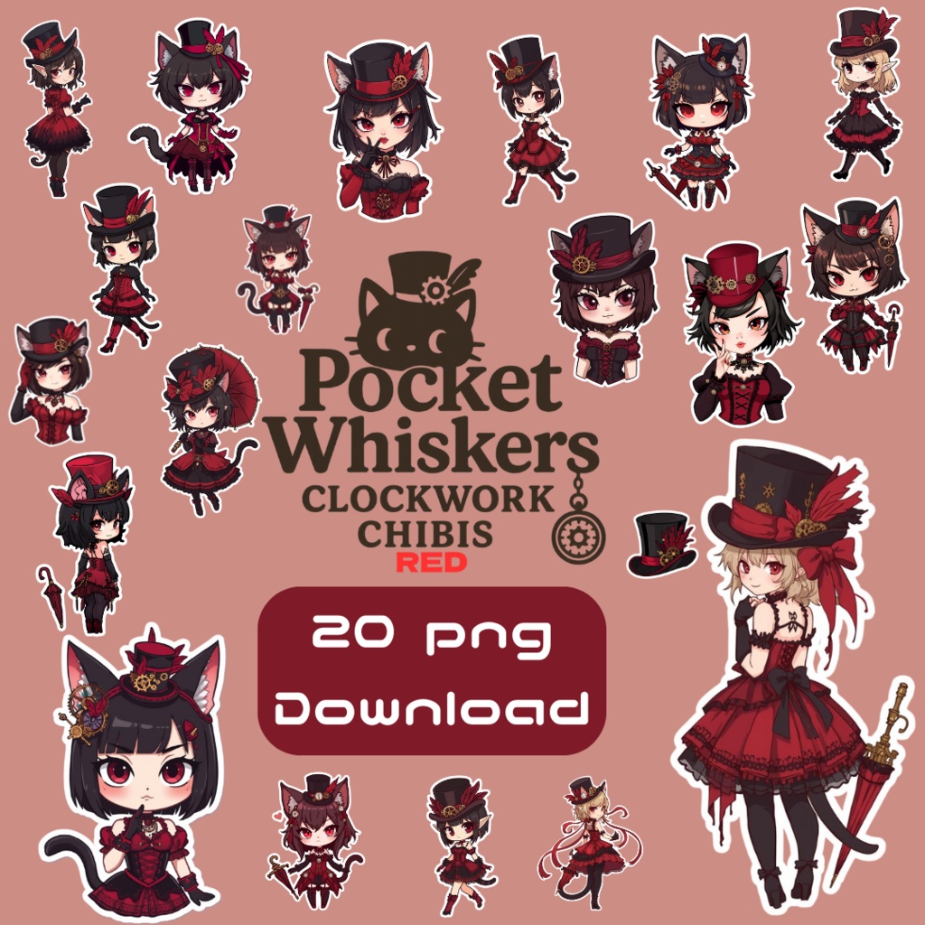 Pocket Whiskers Clockwork Chibis R4｜ゴシック＆クロックワーク風チビ猫クリップアート（デジタル素材)