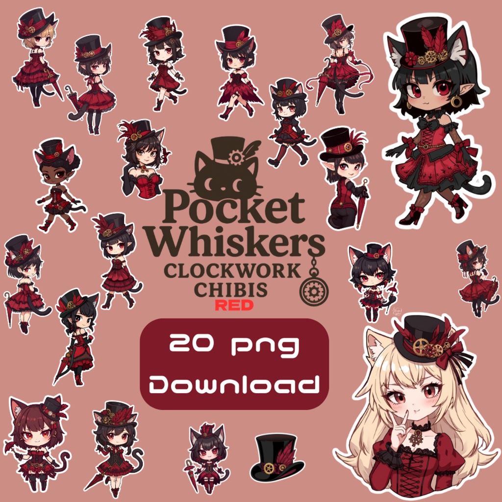Pocket Whiskers Clockwork Chibis R5｜ゴシック＆クロックワーク風チビ猫クリップアート（デジタル素材)