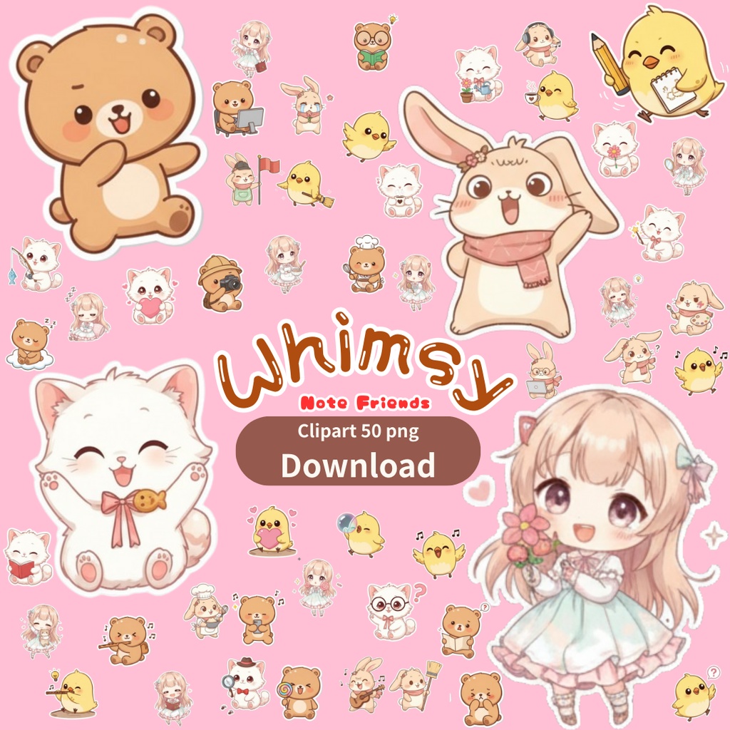 Whimsy Note Friends｜ちびキャラ女の子と可愛い動物たちのデジタルクリップアート＆ステッカー素材｜Cute Chibi Girls & Animals Digital Clipart for Planners and Journals